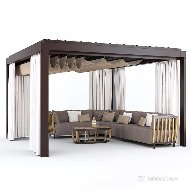 Cozy Outdoor Sofa with Pergola Canopy Curtains Pillows and Coffee Table 3d model 