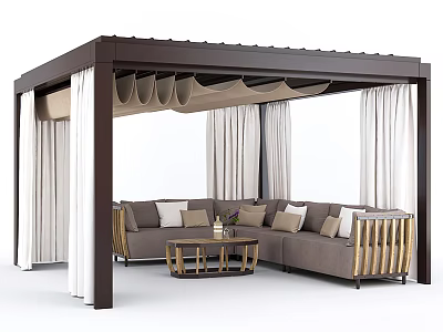 Cozy Outdoor Sofa with Pergola Canopy Curtains Pillows and Coffee Table 3d model