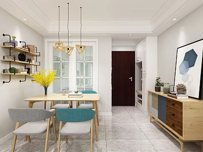 Bright Modern Restaurant Interior With Dining Table Chairs Pendant Lights And Decorations 3d model