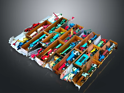 Colorful Toy Cars Organized in Wooden Storage Box with Multiple Compartments 3d model
