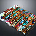 Colorful Toy Cars Organized in Wooden Storage Box with Multiple Compartments