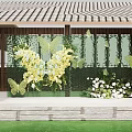 Enchanting Photo Spot With Green Backdrop Yellow White Flowers Green Butterfly Decorations And Floral Arrangements