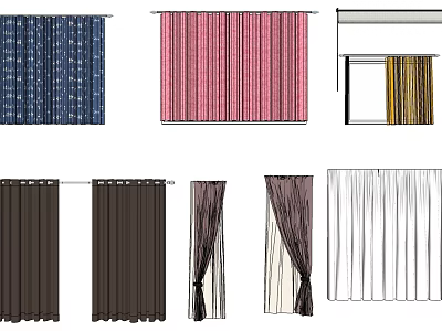 Various Colored Curtains With Striped Pink Blue Brown Beige White Designs And Tied Drapes 3d model