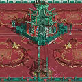 Ancient Architecture With Green Multi Layered Roofs Red Curtains Mountain Backdrop And Decorative Lanterns