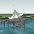 Modern Architectural Design With Curved Glass Roof Yellow Structure Waterfront Green Lawn And Tiled Ground