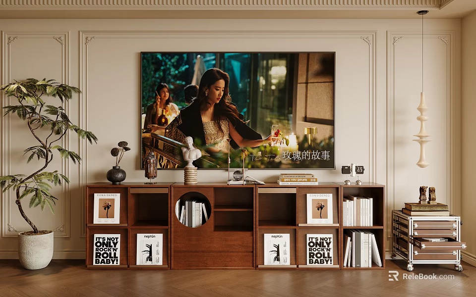 Stylish Wooden TV Stand With Flat Screen TV Books Picture Frames And Decorative Plant 3d model 