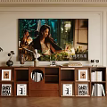 Stylish Wooden TV Stand With Flat Screen TV Books Picture Frames And Decorative Plant