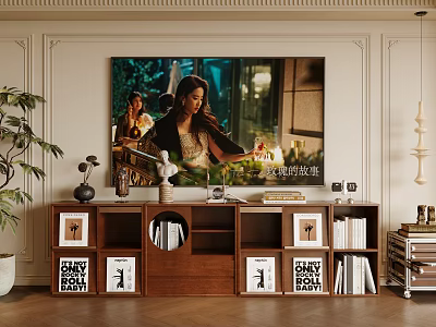 Stylish Wooden TV Stand With Flat Screen TV Books Picture Frames And Decorative Plant 3d model