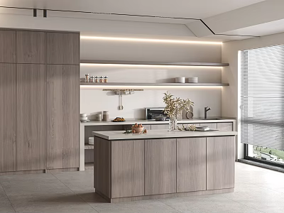 Modern Kitchen Interior With Wooden Cabinets Central Island And Strip Lighting 3d model