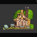 Cute Cartoon House Exterior With Blue Roof Chimney Small Stream Green Grass Trees And Bushes