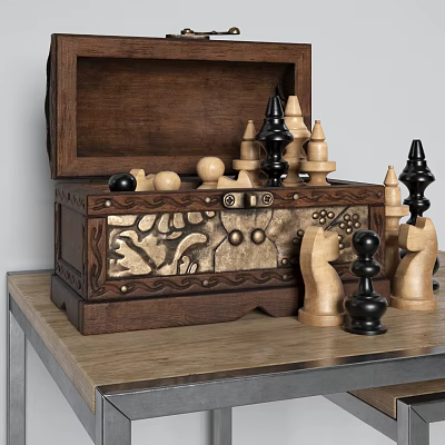 Chess Entertainment Open Wooden Chess Box With Carved Design And Scattered Chess Pieces On Table 3d model