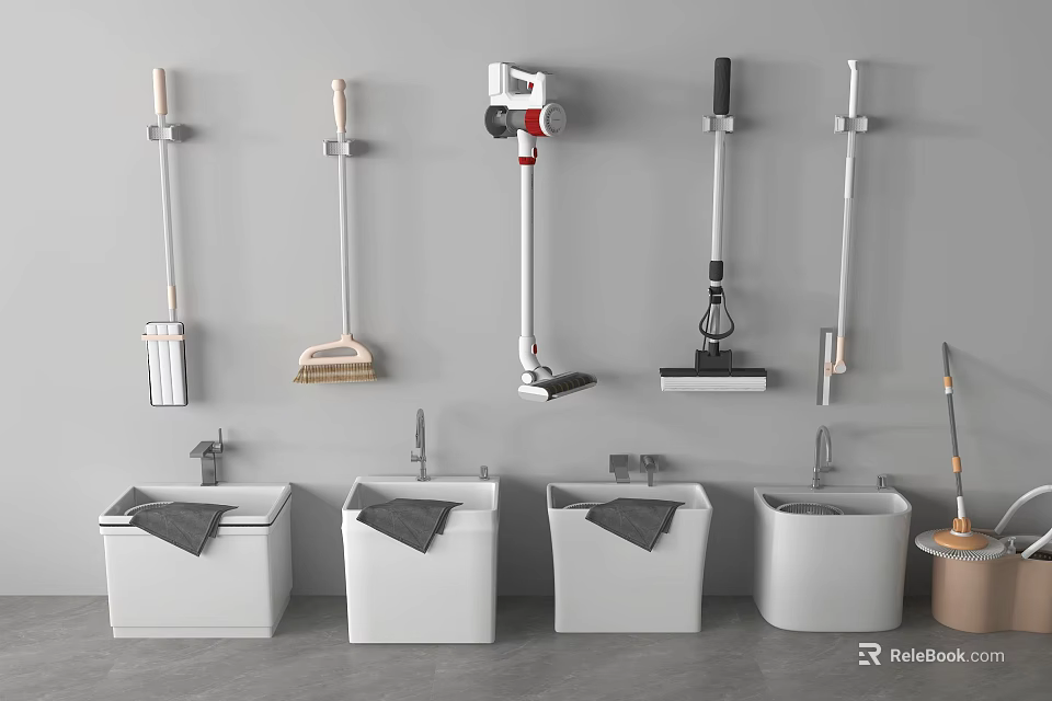 Neatly Arranged Cleaning Equipment With Mops And Mop Sinks Displayed Against Gray Wall 3d model 