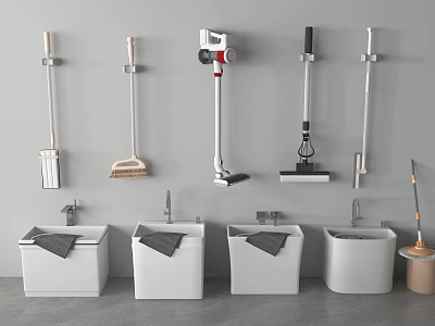 Neatly Arranged Cleaning Equipment With Mops And Mop Sinks Displayed Against Gray Wall 3d model