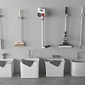 Neatly Arranged Cleaning Equipment With Mops And Mop Sinks Displayed Against Gray Wall