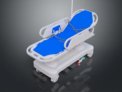 Durable Adjustable Medical Hospital Bed With Blue Mattress White Frame On Wheels 3d model