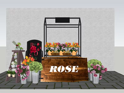 Bonsai Potted Plants Display With Rose Wooden Stand And Colorful Flower Pots 3d model