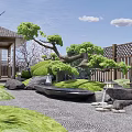Traditional Japanese Garden Courtyard With Wooden Gazebo Cherry Blossom Trees Stone Pathway And Bamboo Fence