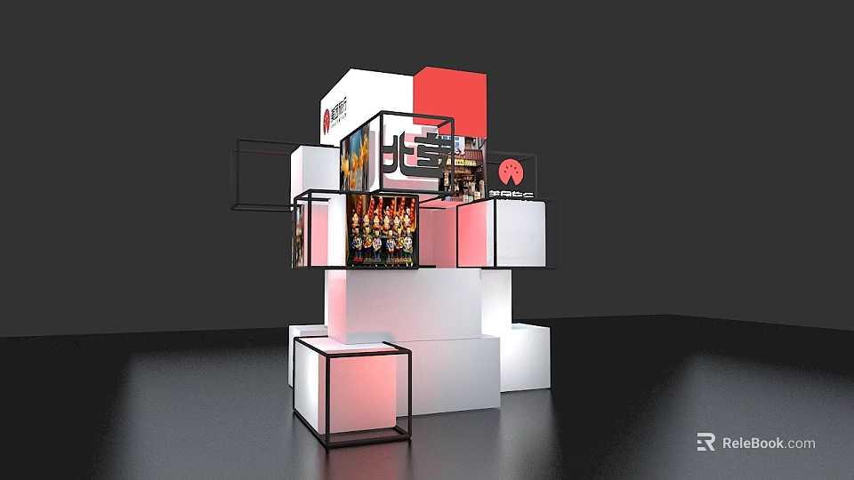 Modern Photo Check In Spot With White Red Cubic Structures And Display Shelves 3d model 