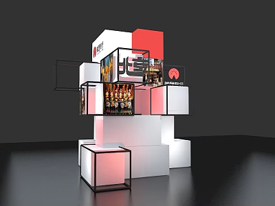 Modern Photo Check In Spot With White Red Cubic Structures And Display Shelves 3d model