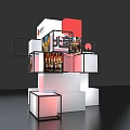 Modern Photo Check In Spot With White Red Cubic Structures And Display Shelves