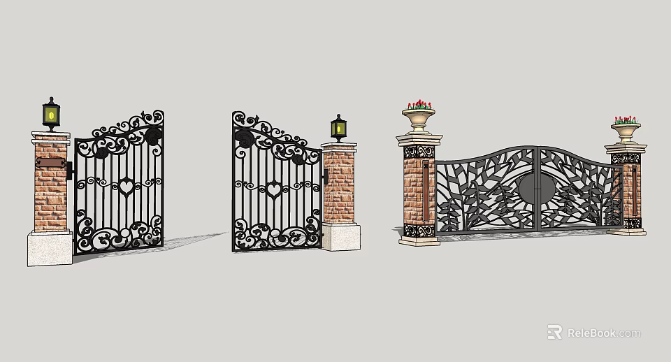 Wrought Iron Entrance Gate Featuring Ornate Design With Lamp Post Brick Pillar And Flower Pot 3d model 