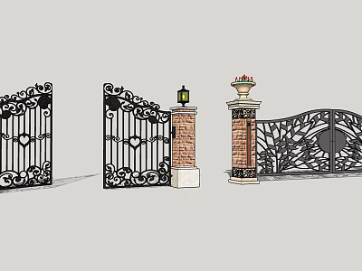 Wrought Iron Entrance Gate Featuring Ornate Design With Lamp Post Brick Pillar And Flower Pot 3d model