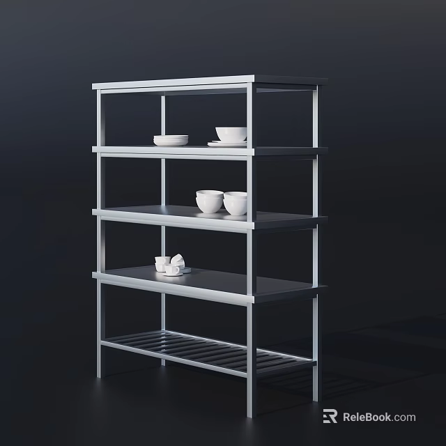 Sturdy Metal Kitchen Shelf With Multiple Layers Holding White Bowls And Cups 3d model 