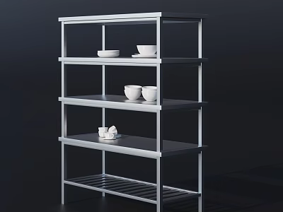 Sturdy Metal Kitchen Shelf With Multiple Layers Holding White Bowls And Cups 3d model