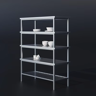 Sturdy Metal Kitchen Shelf With Multiple Layers Holding White Bowls And Cups 3d model