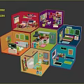 Cartoon Scene Of Colorful Cube Rooms With Various Miniature Furniture And Vibrant Design