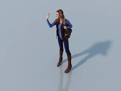 Waving Female Game Movie Character With Brown Hair Blue Top Dark Vest Blue Jeans Boots 3d model