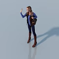Waving Female Game Movie Character With Brown Hair Blue Top Dark Vest Blue Jeans Boots