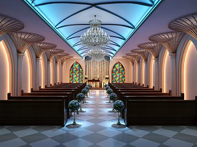 Sacred Church Sanctuary With Stained Glass Windows Arched Columns Wooden Pews And Chandelier 3d model