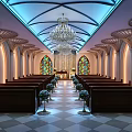 Sacred Church Sanctuary With Stained Glass Windows Arched Columns Wooden Pews And Chandelier