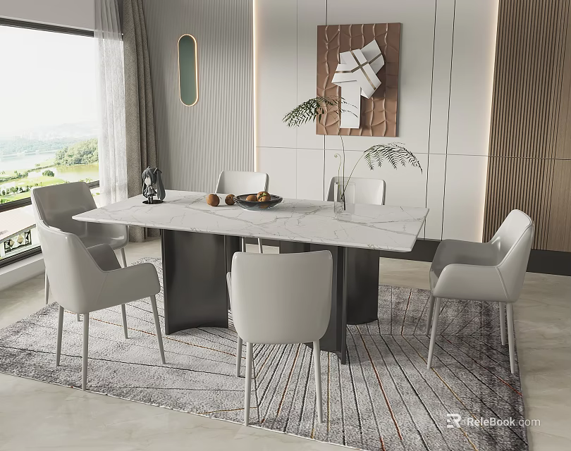 Modern Dining Table Set With White Chairs And Marble Top In Bright Room 3d model