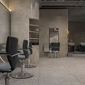 Modern Hair Salon Interior With Gray Tone Curved Design And Hair Chairs Mirrors Pendant Lights