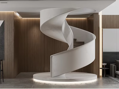 Modern Living And Dining Room Interior With White Spiral Staircase And Wooden Walls 3d model