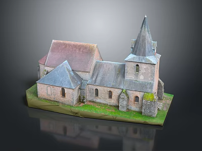 Miniature Church Building Model with Steeple Red Gray Roofs Stone Walls and Grass Base 3d model