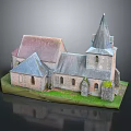 Miniature Church Building Model with Steeple Red Gray Roofs Stone Walls and Grass Base