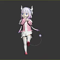 Anime Game Character With White Long Hair Horns Pink Coat And Cat Tail