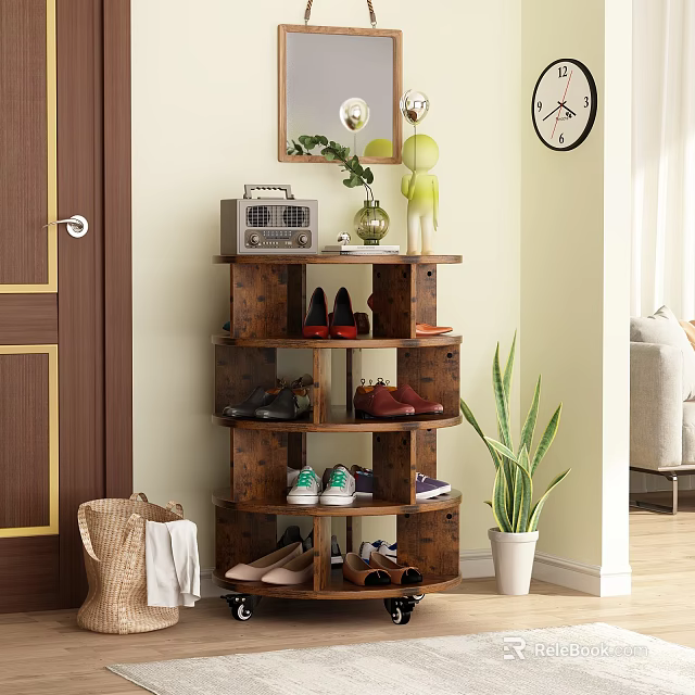 Wooden Multi Tiered Shoe Cabinet in Entryway With Green Plant Radio And Wall Clock 3d model 