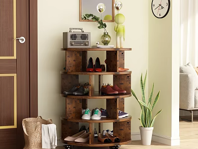 Wooden Multi Tiered Shoe Cabinet in Entryway With Green Plant Radio And Wall Clock 3d model