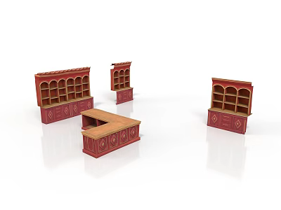 Red Traditional Wooden Furniture Set With Open Shelves Cabinets And Carved Countertop 3d model