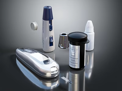 Medical Equipment Set With Silver Device Bottles Measuring Container And Caps 3d model
