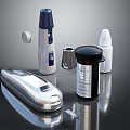 Medical Equipment Set With Silver Device Bottles Measuring Container And Caps 3d model