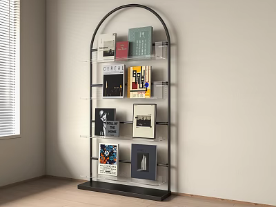 Modern Display Shelf with Black Metal Frame Clear Glass Shelves Holding Books Magazines Art Prints 3d model
