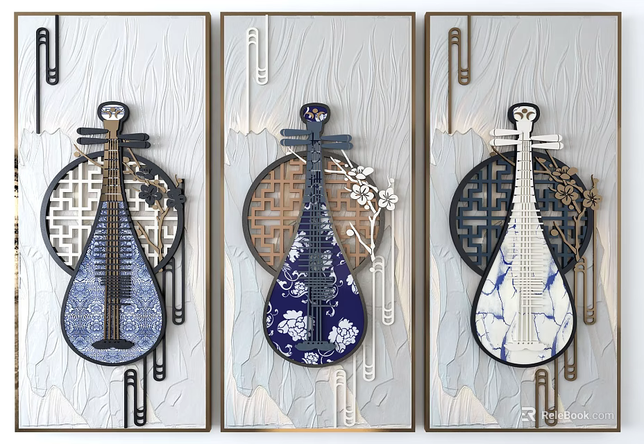 Traditional Chinese Three Panel Wall Decor With Pipa Shaped Artworks And Blue White Porcelain Patterns 3d model 