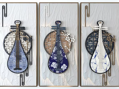 Traditional Chinese Three Panel Wall Decor With Pipa Shaped Artworks And Blue White Porcelain Patterns 3d model