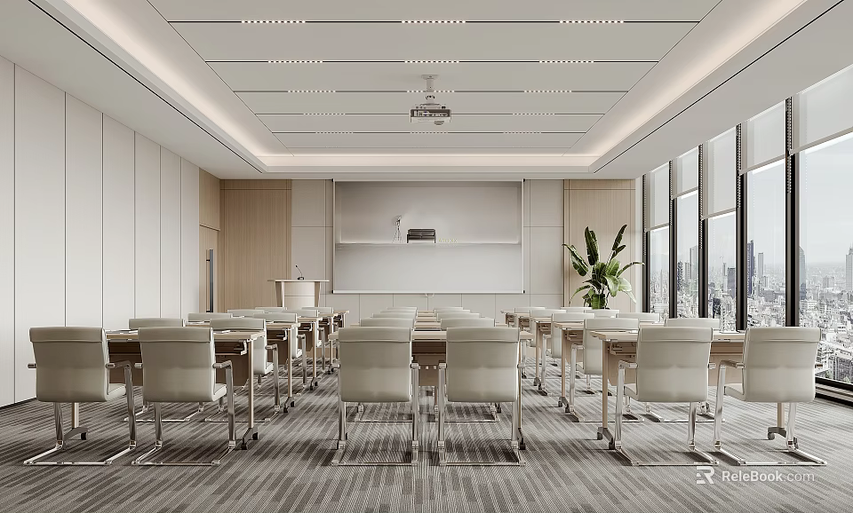 Modern Conference Room Interior With Large Windows City View Whiteboard Tables And Chairs 3d model 