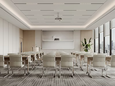 Modern Conference Room Interior With Large Windows City View Whiteboard Tables And Chairs 3d model